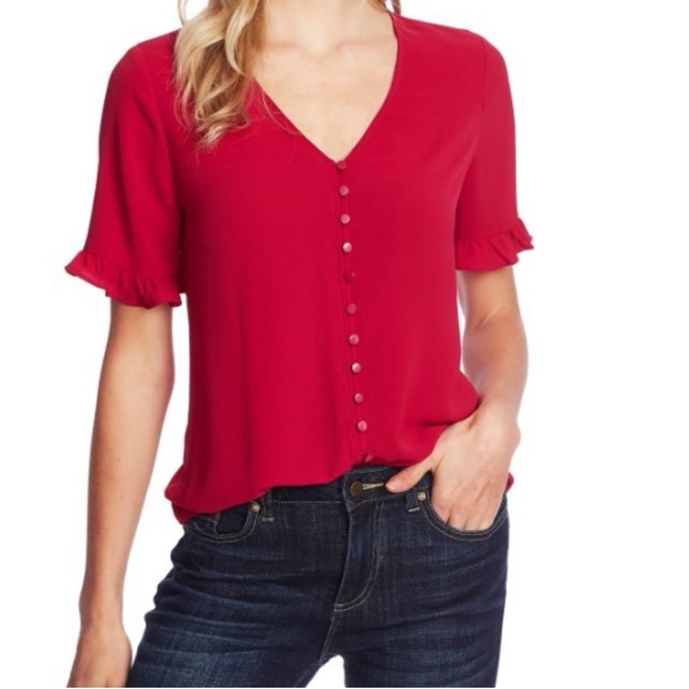 CeCe Cherry Red Ruffle Sleeve Blouse